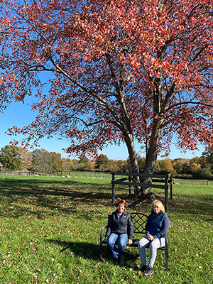 2 women sitting on a bench in a field
